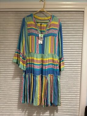 Striped Tiered Midi Dress in Blue, Yellow & Pink - Women